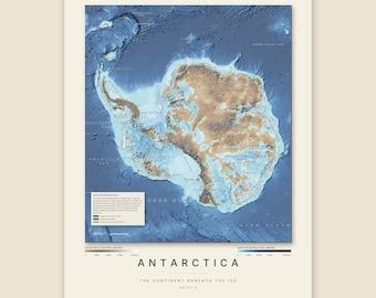 Könnte beinhalten: Eine topografische Karte der Antarktis mit dem Titel "ANTARCTICA THE CONTINENT BENEATH THE ICE", die die Landmasse in Braun- und Beigetönen umgeben von tiefblauem Ozean zeigt. Sie enthält eine Legende und eine Höhenskala in Metern.