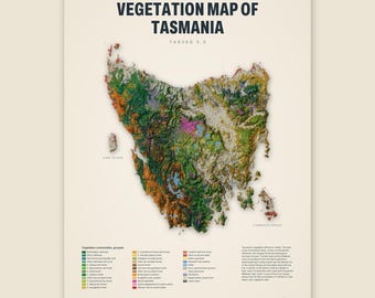 Könnte beinhalten: Eine detaillierte Vegetationskarte von Tasmanien mit dem Titel VEGETATION MAP OF TASMANIA TASVEG 5.0. Die Karte zeigt eine mehrfarbige topografische Darstellung der Insel, einschließlich King Island und der Furneaux-Gruppe, mit einer Legende.