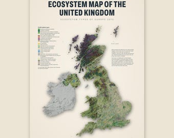 Könnte beinhalten: Ein Poster mit dem Titel Ecosystem Map of the United Kingdom, Ecosystem Types of Europe 2012. Es zeigt eine detaillierte Karte des Vereinigten Königreichs mit farbcodierten Lebensraumtypen, einer Legende links und Text rechts.
