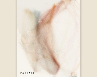 Könnte beinhalten: Ein vertikales Poster mit dem Titel PASSAGE, das eine helle Karte der East Asian-Australasian Flyway zeigt. Die Karte enthält komplexe, überlappende Linien in sanften Pfirsich-, Beige- und Blautönen, die Migrationsrouten auf einem cremefarbenen Hintergrund darstellen.