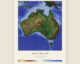 Könnte beinhalten: Ein topografischer Kartendruck von Australien mit detailliertem Relief des Landes und des Meeresbodens. Die Karte zeigt grüne und braune Geländehöhen sowie blaue Meerestiefen mit dem Text AUSTRALIA LAND AND SEA FLOOR 25°00'S 133°00'E.