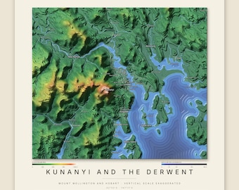 Könnte beinhalten: Eine topografische Karte mit dem Titel KUNANYI AND THE DERWENT, die den Mount Wellington und Hobart mit übertriebenem vertikalen Maßstab zeigt. Die Karte enthält grüne und orangefarbene Höhengradienten sowie blaue Tiefenlinien.