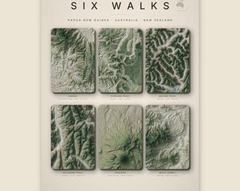 Könnte beinhalten: Ein Poster mit dem Titel SIX WALKS zeigt sechs topografische Karten von Wanderwegen in Papua-Neuguinea, Australien und Neuseeland. Die Karten zeigen Kokoda, Overland Track, Milford Track, Routeburn Track, Tongariro und Mount Barney mit Geländedetails.