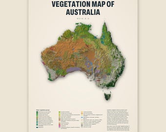 Könnte beinhalten: Eine Wandkarte mit dem Titel Vegetation Map of Australia NVIS 6.0, die eine detaillierte, texturierte Reliefdarstellung des australischen Kontinents zeigt. Die Karte stellt verschiedene Vegetationsgruppen in verschiedenen Farben dar, mit einer Legende und Text am unteren Rand.