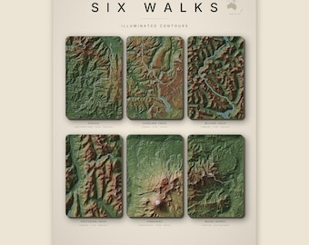 Könnte beinhalten: Ein cremefarbenes Poster mit dem Titel SIX WALKS ILLUMINATED CONTOURS, das sechs rechteckige topografische Karten von Wanderwegen zeigt. Die Karten stellen detailliertes Gelände in Grün- und Brauntönen dar, beschriftet mit Routeburn, Overland, Milford und weiteren.