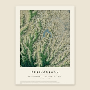 May include: A vertical topographic map print of the Springbrook Plateau in the Gold Coast Hinterland. The map features detailed green and tan terrain relief with a central blue water body, labelled with the text SPRINGBROOK and coordinates.