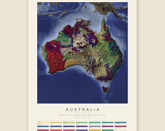 Könnte beinhalten: Eine geologische Karte von Australien mit einem farbigen, texturierten Relief des Kontinents, umgeben von tiefblauem Ozean. Der Text lautet AUSTRALIA, GEOLOGY OF 1952 OVER MODERN RELIEF, 25°00'S 133°00'E, mit einer Legende farbcodierter Kategorien.