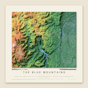 May include: A topographic map of The Blue Mountains, Australia, featuring a color-coded elevation gradient from orange to green. The print includes labels for locations like Jamison Valley and Lake Burragorang, with a legend for elevation in meters.