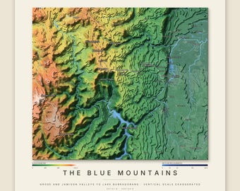Könnte beinhalten: Eine topografische Karte der Blue Mountains in Australien mit einem farbcodierten Höhenverlauf von Orange bis Grün. Der Druck enthält Ortsbezeichnungen wie Jamison Valley und Lake Burragorang sowie eine Legende für die Höhe in Metern.
