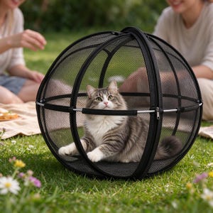 May include: A spherical pet enclosure featuring a black mesh fabric stretched over a circular frame with a zippered opening. A long-haired grey and white cat sits inside the structure, which is constructed from black metal and mesh.