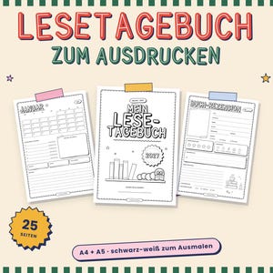 Könnte beinhalten: Ein ausdruckbares Lesetagebuch mit schwarz-weißen Seiten, das den Text LESETAGEBUCH ZUM AUSDRUCKEN, MEIN LESE-TAGEBUCH 2027, JANUAR und BUCH-REZENSION enthält. Das Set umfasst 25 Seiten in A4 und A5, die zum Ausmalen gestaltet sind.