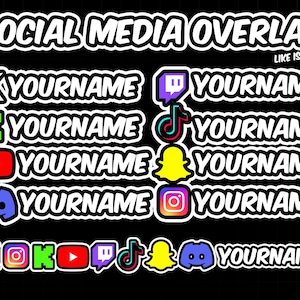 May include: A digital social media overlay graphic on a black grid background. It features icons for X, Kick, YouTube, Discord, Twitch, TikTok, Snapchat, and Instagram, each paired with the placeholder text YOURNAME in white.