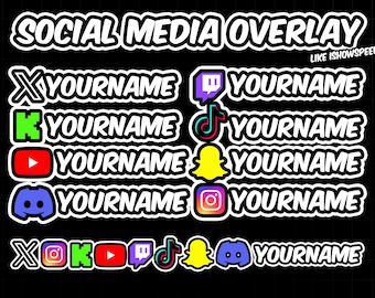 May include: A digital social media overlay graphic on a black grid background. It features icons for X, Kick, YouTube, Discord, Twitch, TikTok, Snapchat, and Instagram, each paired with the placeholder text YOURNAME in white.