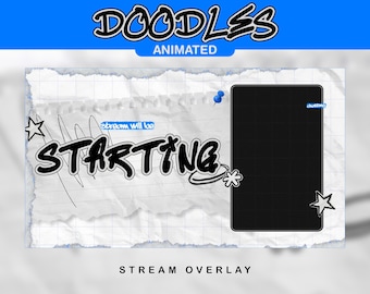 May include: A digital stream overlay featuring a white grid paper background with torn edges. The text reads "stream will be STARTING" in black and blue. A large black rectangular frame is on the right with a small blue "chat" label.