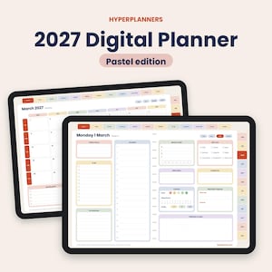 Könnte beinhalten: Ein digitaler Planer für 2027 in der Pastel Edition, dargestellt auf zwei Tablet-Bildschirmen. Die Benutzeroberfläche zeigt eine Monatsansicht für März 2027 und eine Tagesplanungsseite mit Bereichen für Aufgaben, Affirmationen und Tracker.