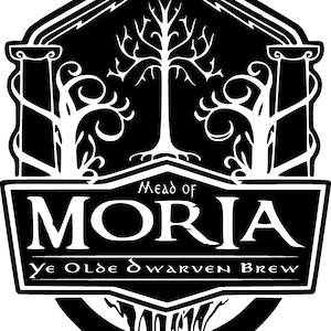 May include: Black and white illustration of a mead label with the words "Mead of Moria Ye Olde Dwarven Brew". The label features a stylized tree with a white background and a black border.