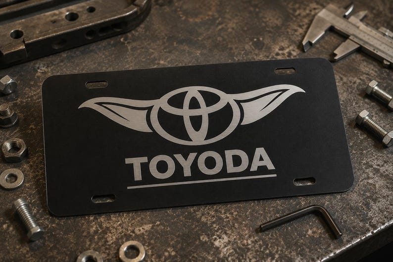 以下が含まれることがあります： 黒色のナンバープレート。トヨタのロゴと「TOYODA」の文字が銀色で表示されています。プレートには4つの取り付け穴があり、工具やハードウェアに囲まれています。