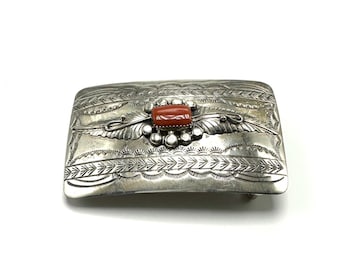 Hand Made Native American Jewelry Sterling Silver Red Coral Belt Buckle