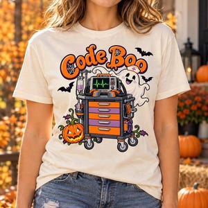 Code Boo Halloween Nurse Shirt - Ghost Crash Cart Graphic T-shirt - Funny ER ICU RN Gift - Unisex Heavy Cotton Tee