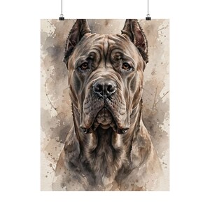 May include: A watercolour painting of a Cane Corso dog with a brown and tan coat, featuring a muscular build, cropped ears, and dark eyes. The artwork uses neutral earth tones with paint splatters and washes on a light background.