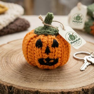 Peut inclure: Un porte-clés citrouille orange au crochet avec une tige verte et des traits de visage brodés en fil noir. Une étiquette blanche attachée avec de la ficelle affiche le texte MiniHookCraft, et un anneau en métal argenté est fixé sur le côté.
