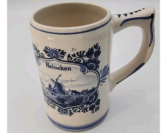 Vintage Heineken Delft Blue Holland Porcelain Beer Stein Mug Windmill Dutch