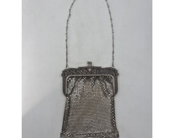 Vintage Signed Whiting & Davis Silver  Mesh Bag Art Deco Flapper Ornate Purse