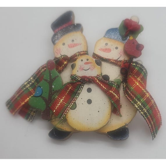 Vintage wooden winter holiday happy Snowman family brooch pin