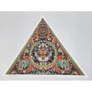 May include: A colorful, triangular art print with intricate psychedelic designs. The artwork features a central circular image with a radiant figure, surrounded by detailed patterns in red, green, blue, and gold. Signed by the artist, with a print number.