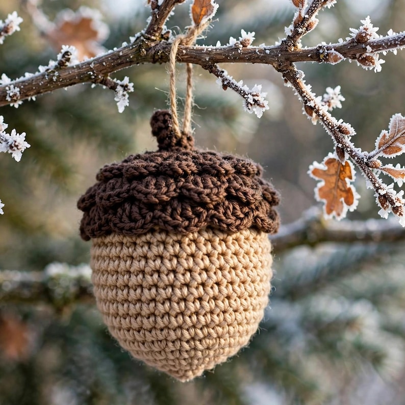 Handmade crocheted Christmas ball shaped like a woodland acorn with tan nut and brown cap on a frosty oak branch