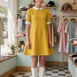 May include: A mustard yellow A-line dress featuring short sleeves with white cuffs and a white rounded collar. The dress is paired with knee-high white boots. The garment has a simple, structured silhouette with a solid colour finish.
