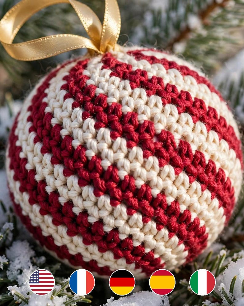 Second mockup of the Twelve Twinkle Christmas Balls pattern with language flags EN FR DE ES IT / Zweites Mockup mit Sprachflaggen EN FR DE ES IT