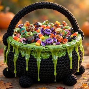 May include: A black crocheted cauldron basket with a thick handle and three small feet. The rim is decorated with a bright green, dripping slime effect. The basket is filled with a variety of colorful, individually wrapped Halloween candies.