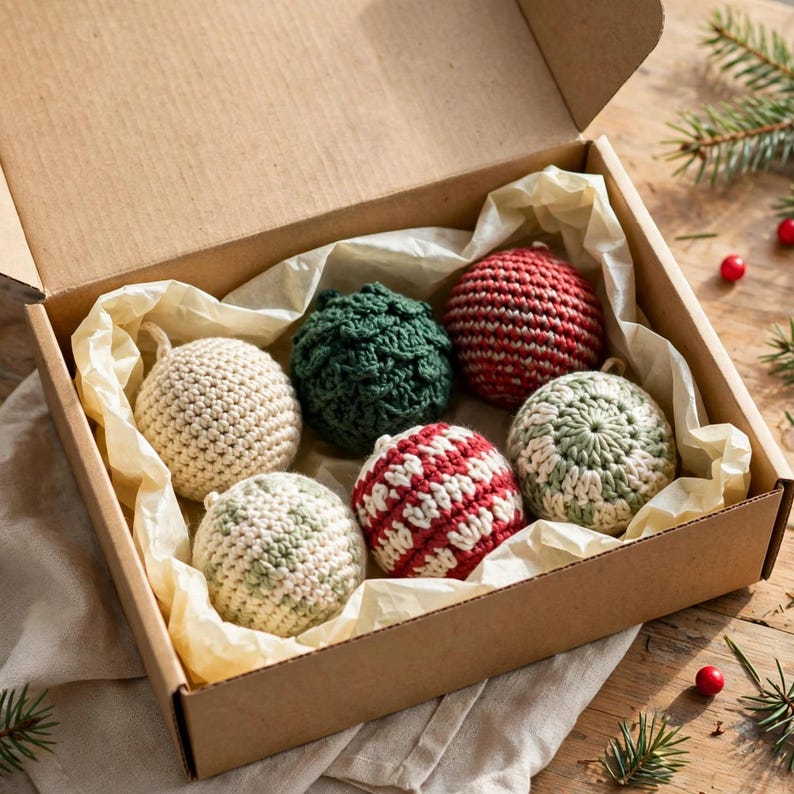 Kraft gift box with handmade crocheted Christmas ball ornaments nestled in tissue paper as a holiday gift set