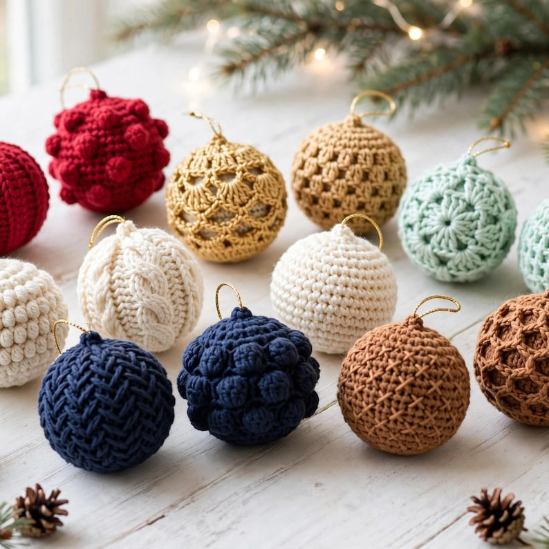 Handmade crochet Christmas ball ornaments in red gold mint ivory navy and brown with different stitch textures on a white table