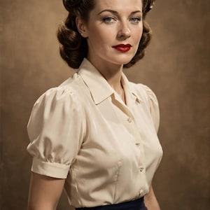 May include: A cream-colored short-sleeved blouse with a pointed collar and a front button placket, paired with a high-waisted navy blue skirt. The blouse features puffed sleeves and a tailored fit, while the skirt has a smooth, solid finish.