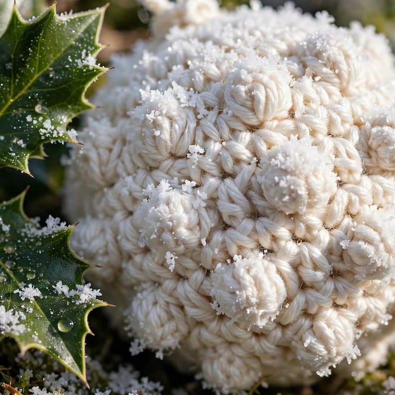 Extreme macro of a handmade ivory white crocheted Christmas ball with raised bobble stitches dusted with artificial snow