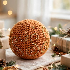 Handmade gingerbread orange crocheted Christmas ball with gold sparkle swirls on a festive gift table with presents