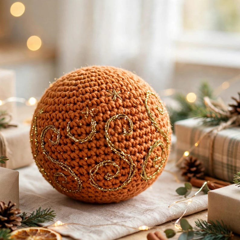 Handmade gingerbread orange crocheted Christmas ball with gold sparkle swirls on a festive gift table with presents