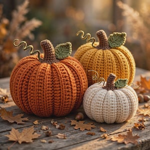 Puede incluir: Tres calabazas de ganchillo en colores naranja, amarillo y crema. Cada calabaza presenta un tallo marrón, una pequeña hoja verde y un zarcillo verde rizado. Las calabazas tienen una textura acanalada y están dispuestas juntas.