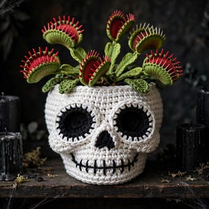 May include: A crocheted white skull planter containing several crocheted Venus flytrap plants with green leaves and red-lined, spiky traps. The skull features black yarn detailing for the eye sockets, nose cavity, and a stitched mouth line.