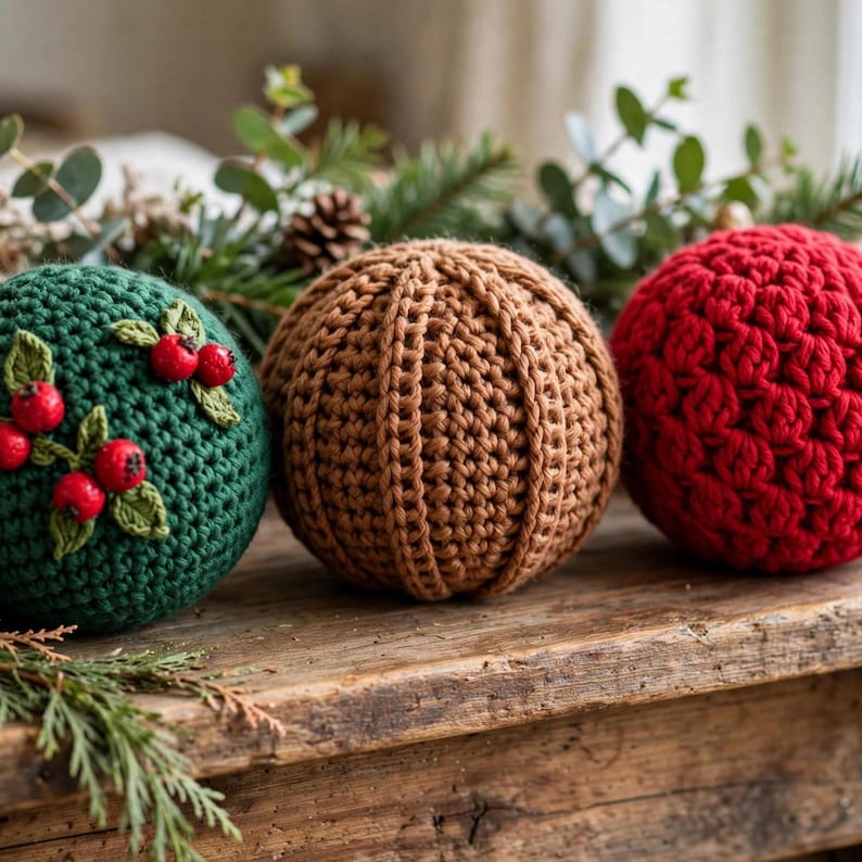 Handmade crocheted Christmas balls in deep green with berry applique cinnamon rib and scarlet puff on a wooden mantel