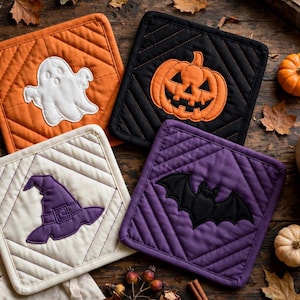 May include: Four square quilted pot holders featuring Halloween-themed appliqués: a white ghost on orange, an orange jack-o'-lantern on black, a purple witch hat on cream, and a black bat on purple. Each piece has diagonal stitching.