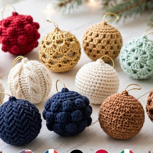 Twelve Twinkle Christmas Balls pattern mockup showing 5 language flag icons for English French German Spanish Italian / 12 Kugeln mit 5 Sprachflaggen