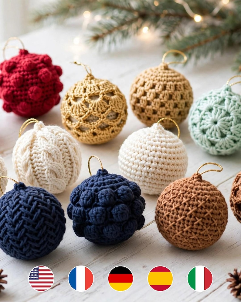 Twelve Twinkle Christmas Balls pattern mockup showing 5 language flag icons for English French German Spanish Italian / 12 Kugeln mit 5 Sprachflaggen