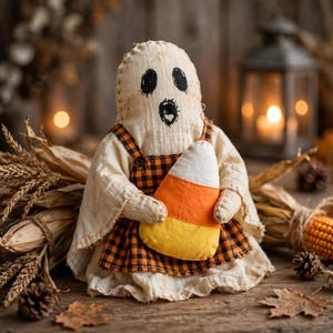 May include: A fabric ghost figurine with a hand-drawn face, wearing an orange and black checkered dress with straps. The ghost holds a plush candy corn shaped toy in its arms. The figure is made of off-white, textured fabric with visible stitching.