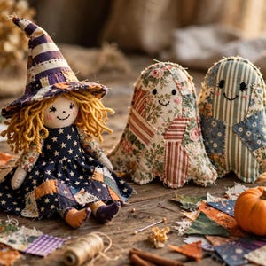 Fabric Scraps Witch and Ghost Sewing Pattern PDF, Zero Waste Halloween Decor, Patchwork Doll Pattern