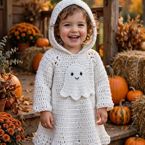 May include: A white hooded crochet dress featuring a long-sleeve design and a central ghost applique with black embroidered eyes and a smile. The garment has a scalloped hemline and a textured stitch pattern throughout the fabric.