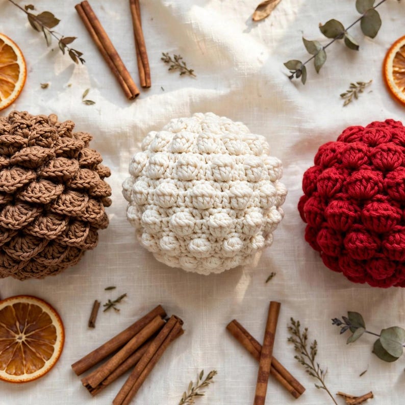 Flatlay of handmade crocheted Christmas balls in brown pinecone cream bobble and red puff textures on ivory linen