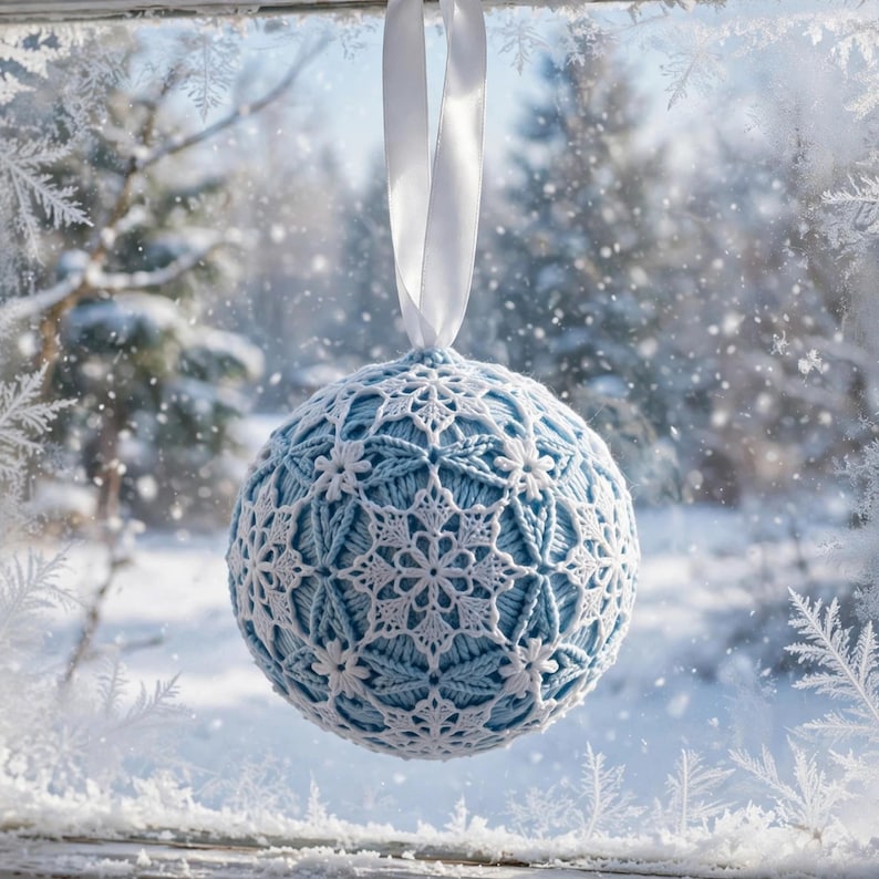 Handmade ice blue crocheted Christmas ball with white lace snowflake motifs hanging in a frosted winter window
